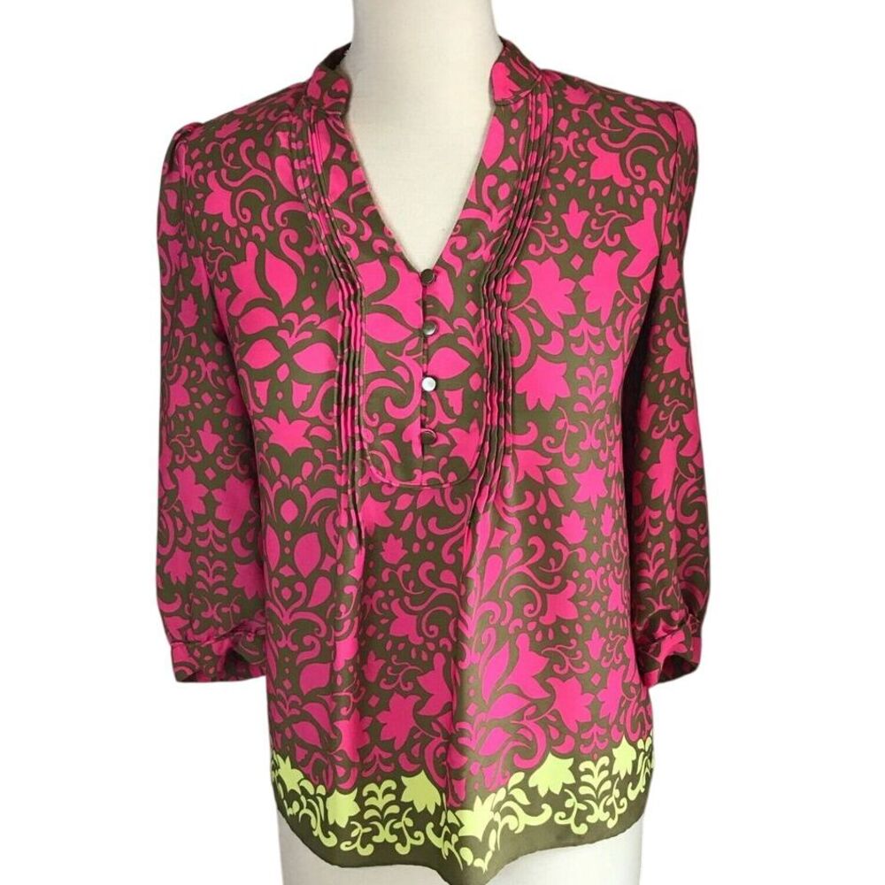 Banana Republic Pink & Brown‎ Floral Damask Print V-Neck Blouse 3/4 Sleeve XS